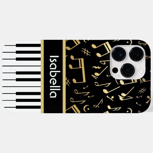 Muzieknoten en pianoketoetsen, zwart en goud Case-Mate iPhone case (Achterkant (horizontaal))