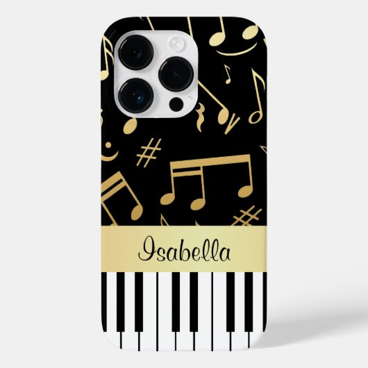 Muzieknoten en pianoketoetsen, zwart en goud Case-Mate iPhone case (Achterkant)