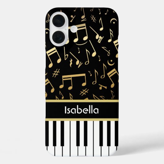 Muzieknoten en pianoketoetsen, zwart en goud Case-Mate iPhone case (Achterkant)