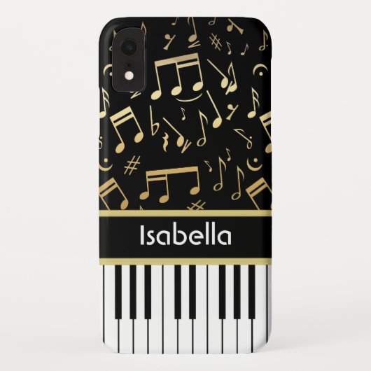 Muzieknoten en pianoketoetsen, zwart en goud Case-Mate iPhone case (Achterkant)