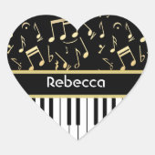 Muzieknoten en pianoketoetsen, zwart en goud hart sticker (Voorkant)