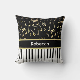 Muzieknoten en pianoketoetsen, zwart en goud kussen