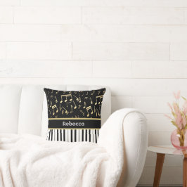 Muzieknoten en pianoketoetsen, zwart en goud kussen