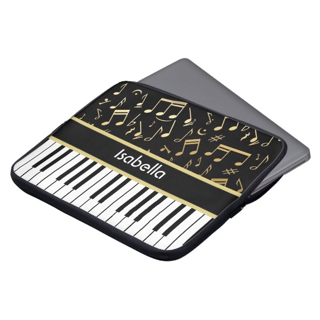 Muzieknoten en pianoketoetsen, zwart en goud laptop sleeve (Voorkant top)