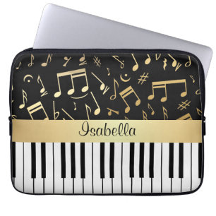 Muzieknoten en pianoketoetsen, zwart en goud laptop sleeve
