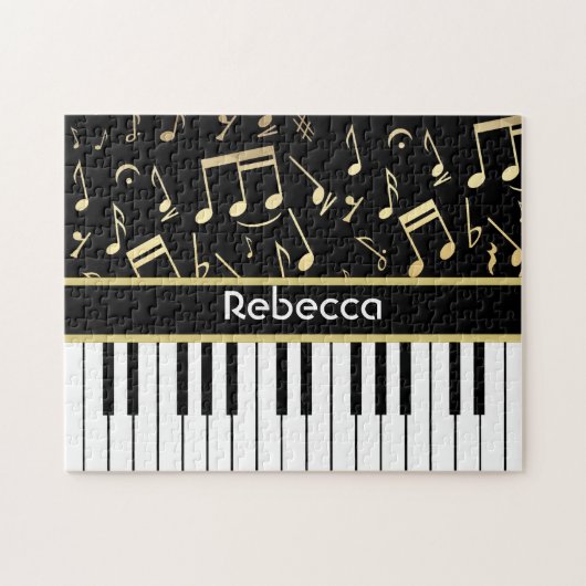 Muzieknoten en pianoketoetsen, zwart en goud legpuzzel (Horizontaal)
