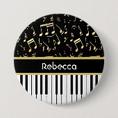 Muzieknoten en pianoketoetsen, zwart en goud ronde button 7,6 cm (Voorkant)