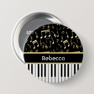 Muzieknoten en pianoketoetsen, zwart en goud ronde button 7,6 cm