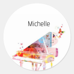 Muzieknoten en pianoketoetsen, zwart en goud ronde sticker