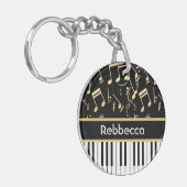 Muzieknoten en pianoketoetsen, zwart en goud sleutelhanger (Voorkant Links)