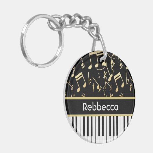 Muzieknoten en pianoketoetsen, zwart en goud sleutelhanger (Voorkant Links)