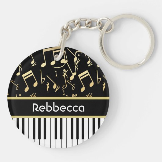 Muzieknoten en pianoketoetsen, zwart en goud sleutelhanger (Achterkant)