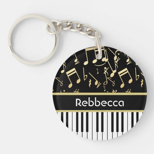 Muzieknoten en pianoketoetsen, zwart en goud sleutelhanger (Voorkant)