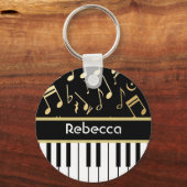 Muzieknoten en pianoketoetsen, zwart en goud sleutelhanger (Voorkant)