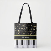 Muzieknoten en pianoketoetsen, zwart en goud tote bag (Voorkant)