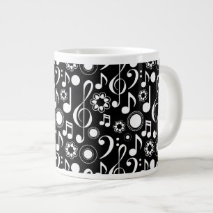 Muzieknoten en reinigingsmiddelen - wit op zwart grote koffiekop