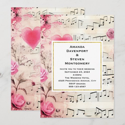 Muzieknoten en Rozen  Design Bruiloft Kaart (Voorkant / Achterkant)