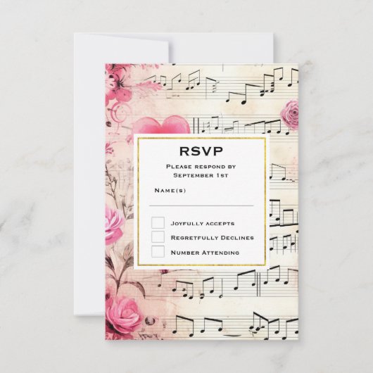Muzieknoten en Rozen  Design Bruiloft RSVP Kaartje (Voorkant)