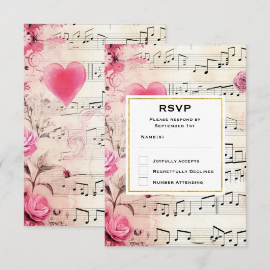 Muzieknoten en Rozen Design Bruiloft RSVP Kaartje (Voorkant / Achterkant)