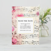 Muzieknoten en Rozen  Design Bruiloft Save The Date (Staand voorkant)