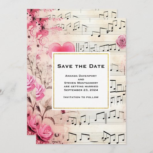 Muzieknoten en Rozen  Design Bruiloft Save The Date (Voorkant / Achterkant)