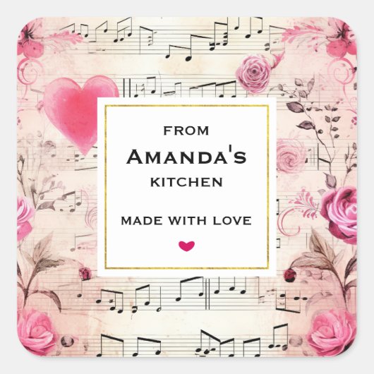 Muzieknoten en Rozen  Design Keuken Vierkante Sticker (Voorkant)