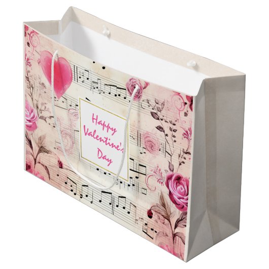 Muzieknoten en Rozen  Design Valentijns Groot Cadeauzakje (Voorkant Gekanteld)