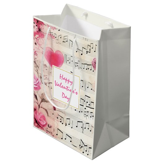 Muzieknoten en Rozen Design Valentijns Medium Cadeauzakje (Voorkant Gekanteld)