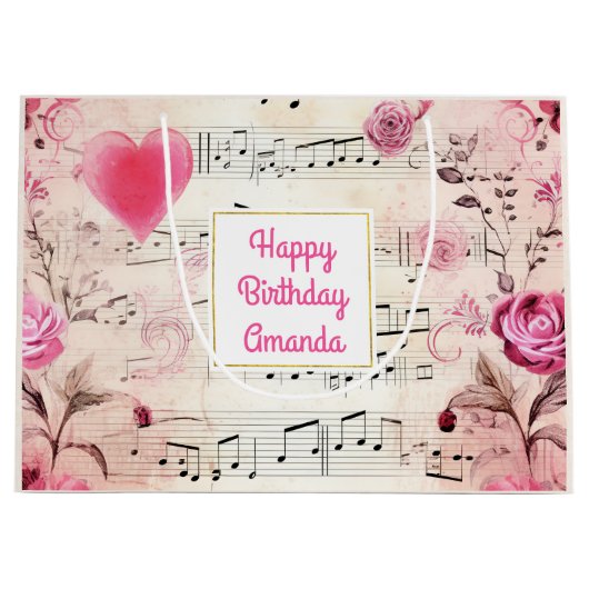 Muzieknoten en Rozen  Design Verjaardag Groot Cadeauzakje (Voorkant)
