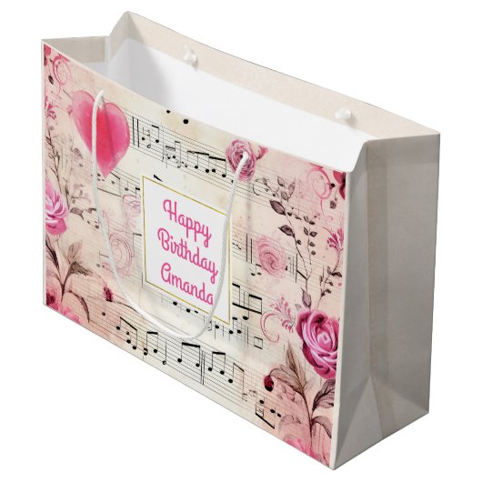 Muzieknoten en Rozen  Design Verjaardag Groot Cadeauzakje (Voorkant Gekanteld)