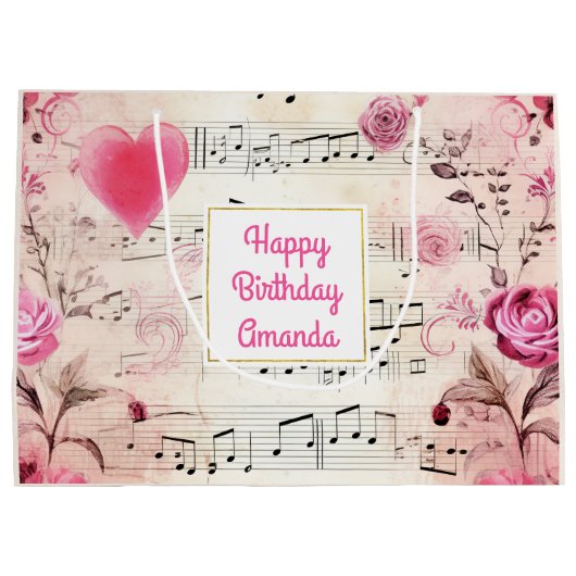 Muzieknoten en Rozen  Design Verjaardag Groot Cadeauzakje (Achterkant)