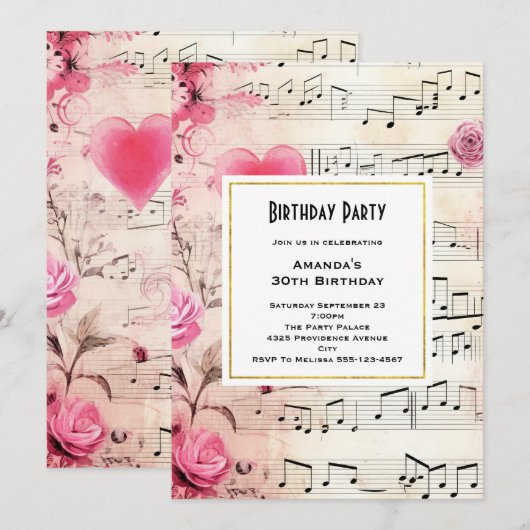 Muzieknoten en Rozen  Design Verjaardag Kaart (Voorkant / Achterkant)