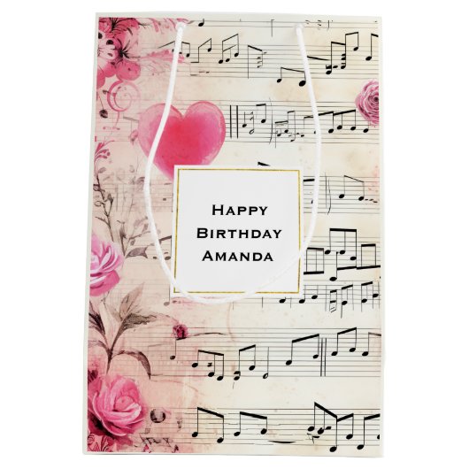Muzieknoten en Rozen  Design Verjaardag Medium Cadeauzakje (Achterkant)