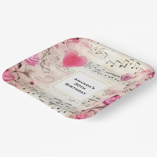 Muzieknoten en Rozen Design Verjaardag Papieren Bordje (Gebogen)