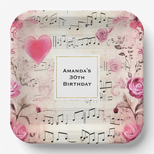 Muzieknoten en Rozen  Design Verjaardag Papieren Bordje (Voorkant)