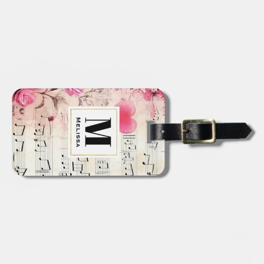 Muzieknoten en Rozen  Monogram Bagagelabel (Voorkant horizontaal)