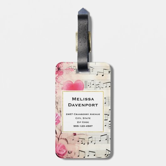 Muzieknoten en Rozen  Monogram Bagagelabel (Achterkant verticaal)