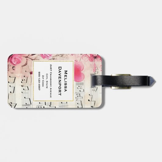Muzieknoten en Rozen  Monogram Bagagelabel (Achterkant horizontaal)