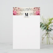Muzieknoten en Rozen  Monogram Briefpapier (Staand voorkant)