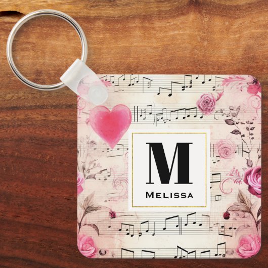 Muzieknoten en Rozen  Monogram Sleutelhanger (Voorkant)