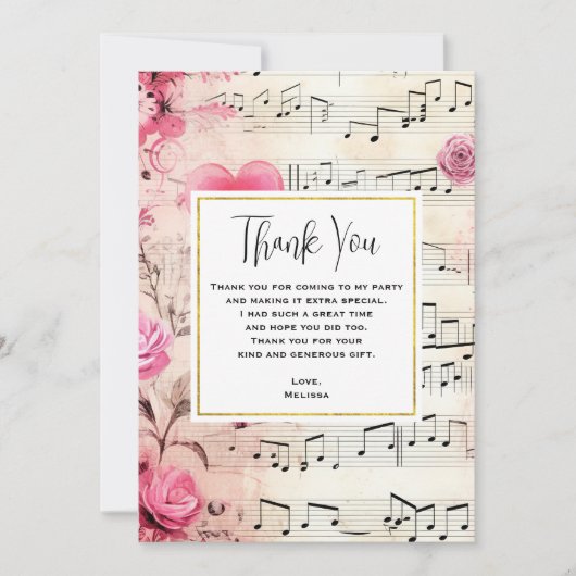 Muzieknoten en Rozen  ontwerp Bedankkaart (Voorkant)