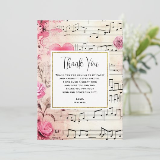 Muzieknoten en Rozen  ontwerp Bedankkaart (Staand voorkant)