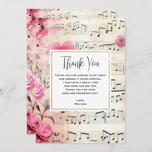 Muzieknoten en Rozen  ontwerp Bedankkaart (Voorkant / Achterkant)