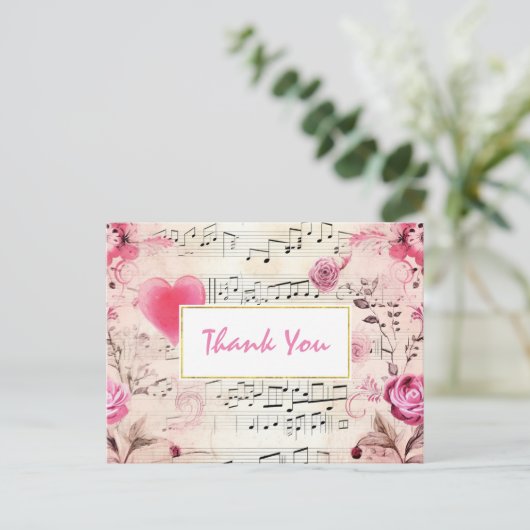 Muzieknoten en Rozen ontwerp Dank u Briefkaart (Staand voorkant)