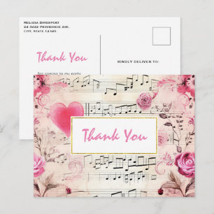 Muzieknoten en Rozen  ontwerp Dank u Briefkaart
