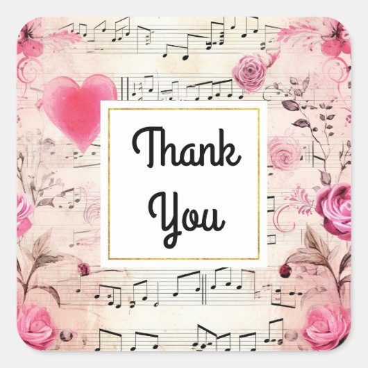 Muzieknoten en Rozen ontwerp Dank u Vierkante Sticker (Voorkant)