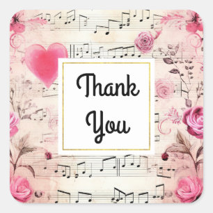 Muzieknoten en Rozen  ontwerp Dank u Vierkante Sticker