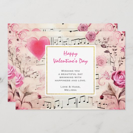 Muzieknoten en Rozen  ontwerp Feestdagenkaart (Voorkant / Achterkant)
