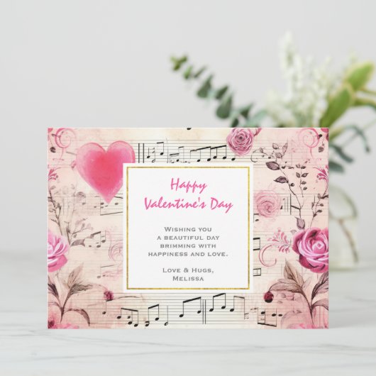 Muzieknoten en Rozen  ontwerp Feestdagenkaart (Staand voorkant)