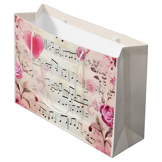Muzieknoten en Rozen ontwerp Groot Cadeauzakje (Voorkant Gekanteld)